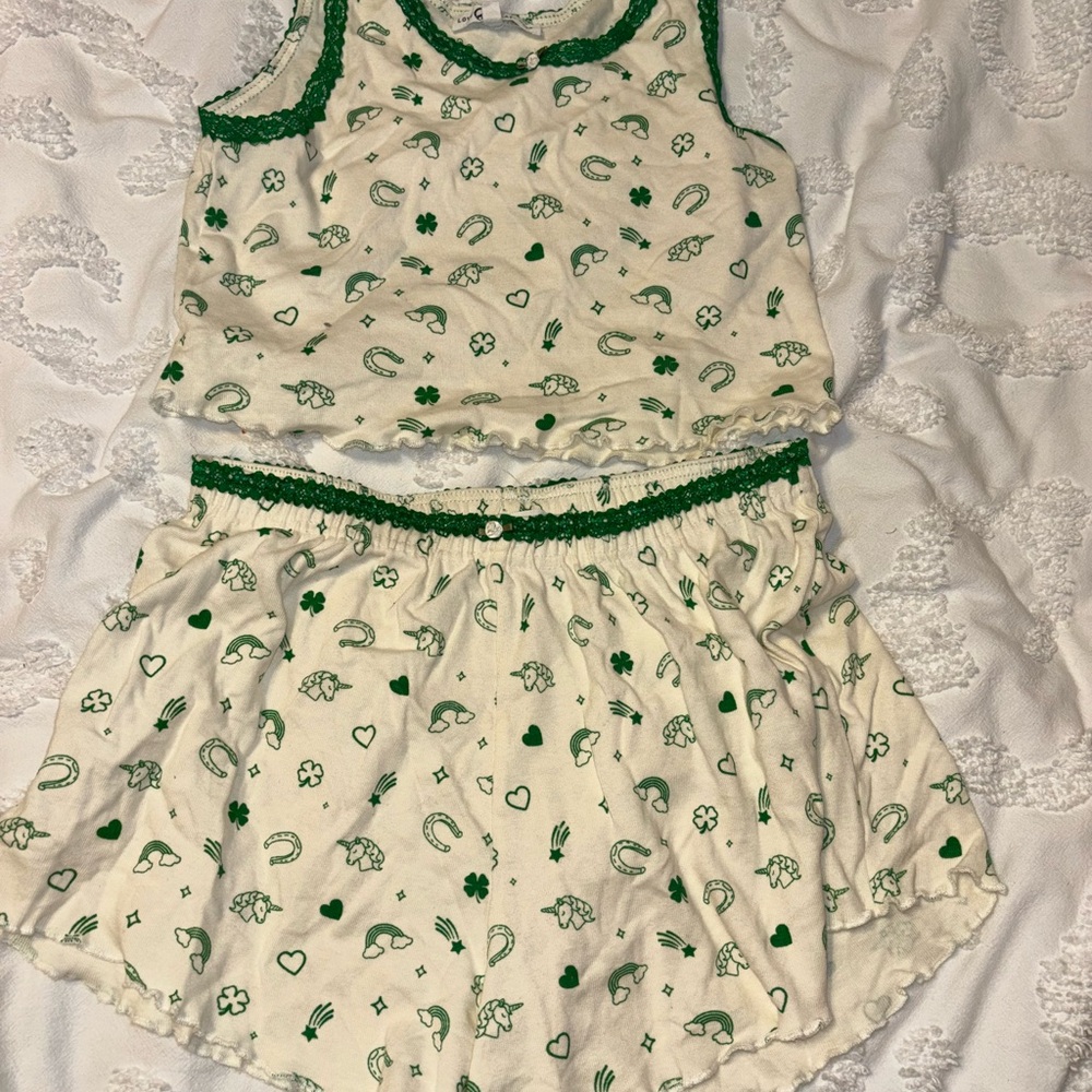 LOVE & LAZY DAYS Cream Sleep Set with Green Charm Print